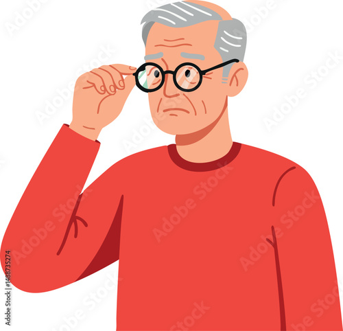 Elderly man adjusting glasses wearing red sweater vector illustration portrait 