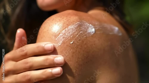 A woman applies sunscreen on her shoulder while preparing for a day of relaxation by the pool under the sun, ensuring skin protection from harmful UV rays.