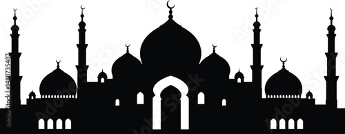 Mosque Islamic Architecture Dome Minaret Silhouette Black and White Minimalist Architectural Illustration

