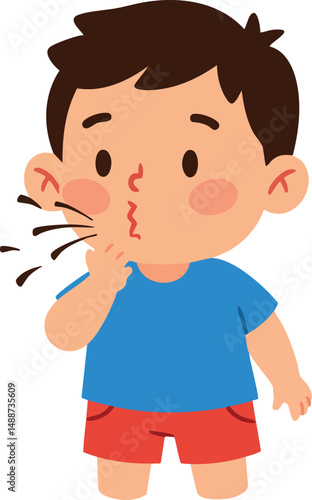Boy blowing whistle with pursed lips in casual summer outfit vector illustration 