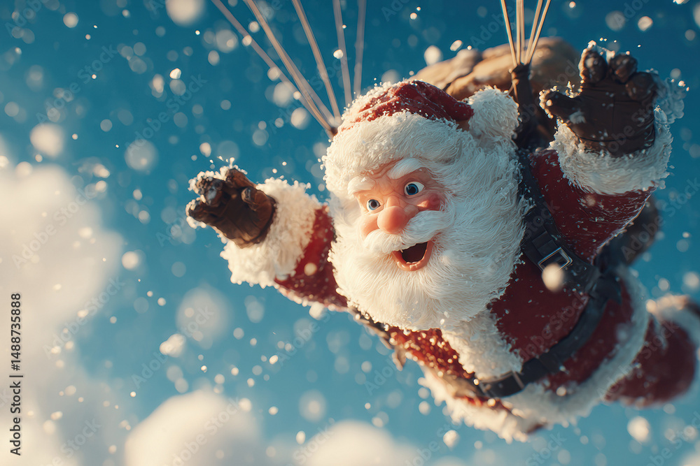 Obraz premium Animated Santa Claus soaring through the sky, dressed in red and white attire with fur trim Joyful expression, long, well-groomed beard white gray Eyes closed, flying 3D animation s - AI-Generated