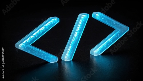 glowing blue code symbols on black isolated on black background.