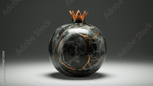 Black Glass Pomegranate Art Sculpture With Gold Crackled Design