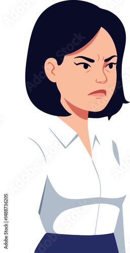 Angry woman with black hair and white shirt expressing frustration vector illustration 