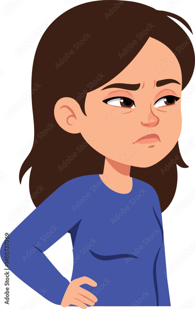 Unhappy woman with long brown hair in blue shirt expressing displeasure vector illustration Unhappy woman with long brown hair in blue shirt expressing displeasure vector illustration