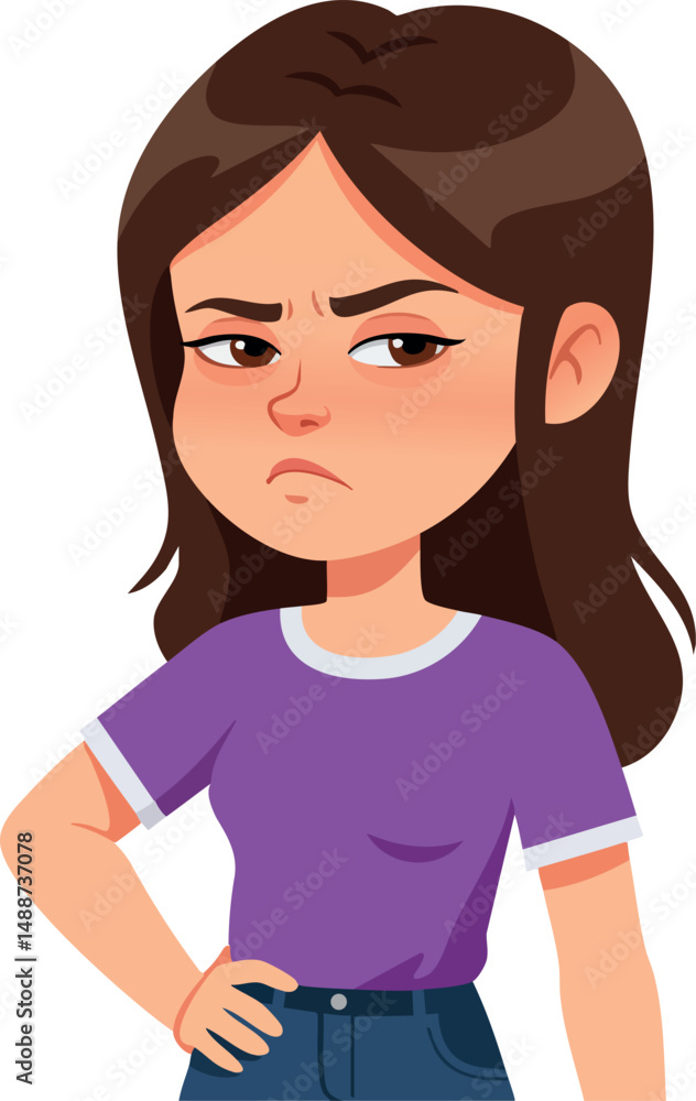 Young woman with angry expression and crossed arms in casual purple shirt vector illustration Young woman with angry expression and crossed arms in casual purple shirt vector illustration