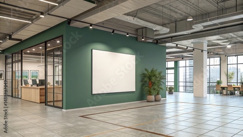 spacious modern office interior with a blank whiteboard on a teal wall illustration background.