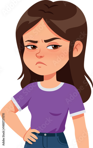 Young woman with angry expression and crossed arms in casual purple shirt vector illustration 