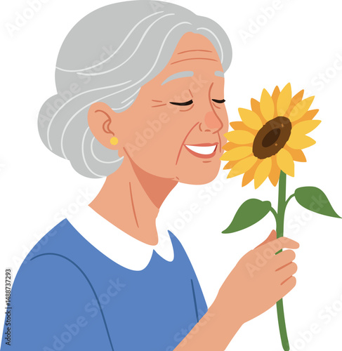 Elderly woman holding sunflower smiling peacefully in blue outfit vector illustration 