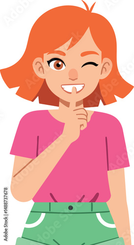 Redhead girl winking and smiling wearing pink shirt and green shorts vector illustration 