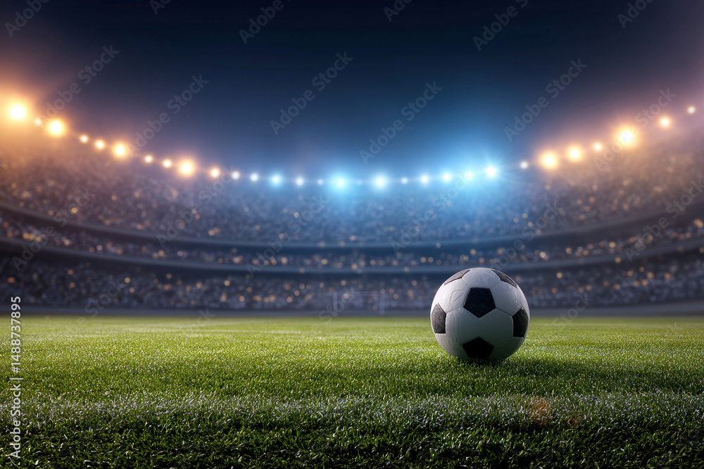 Fototapeta premium Football match in progress under artificial lights, spectators in the stands, soccer ball on the pitch, dynamic shadows - AI-Generated