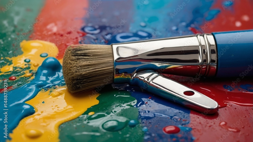 Obraz premium Colorful Paint Splashes With a Brush Resting on Vibrant Surface Showcasing an Artistic Creation During a Creative Workshop
