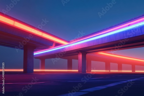 Neon lights illuminate a futuristic highway intersection at twilight, creating a vibrant and ethereal urban landscape.