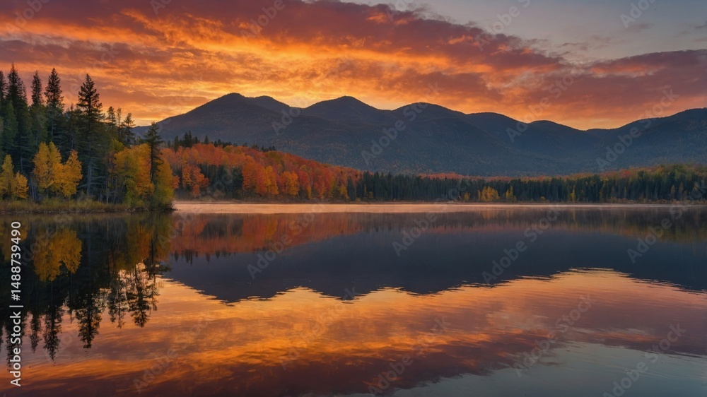 Fototapeta premium Breathtaking Sunset Over Calm Lake With Vibrant Autumn Foliage and Majestic Mountains in the Background at Dawn