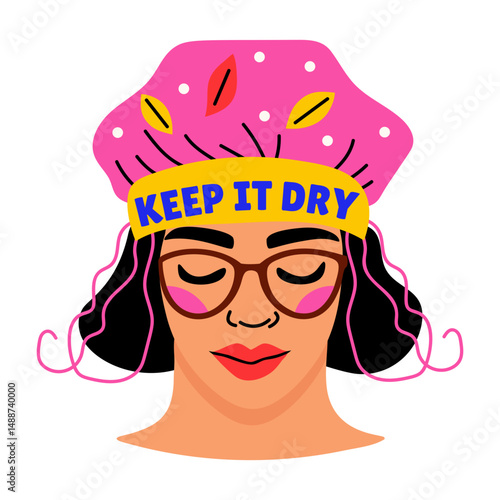 A flat style sticker of a character using hair bonnet 
