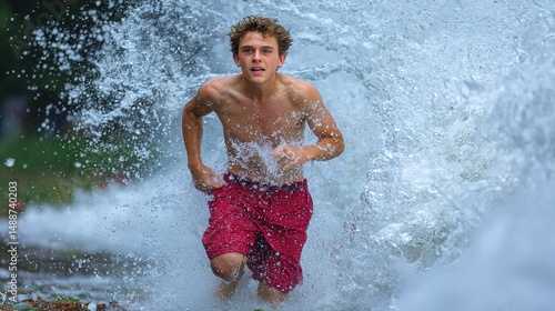 A young man in red shorts runs energetically through splashing water, captured in a vibrant outdoor setting.