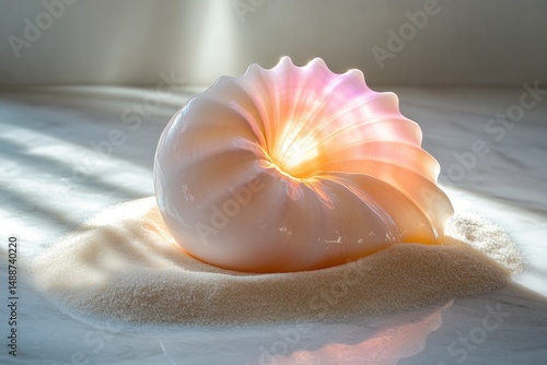 Translucent nautilus shell glows in sunlight, nestled in sugar, creating an ethereal and delicate composition on a marble surface.