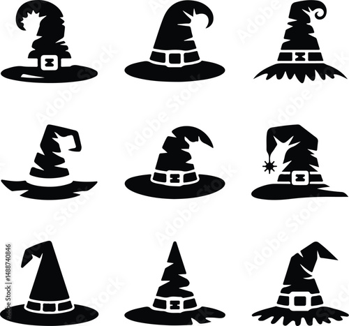 Halloween Witch Hat Silhouette Set – Spooky Cap Vector Collection Black Halloween Hat Icons | Witch Cap Silhouettes for October Designs