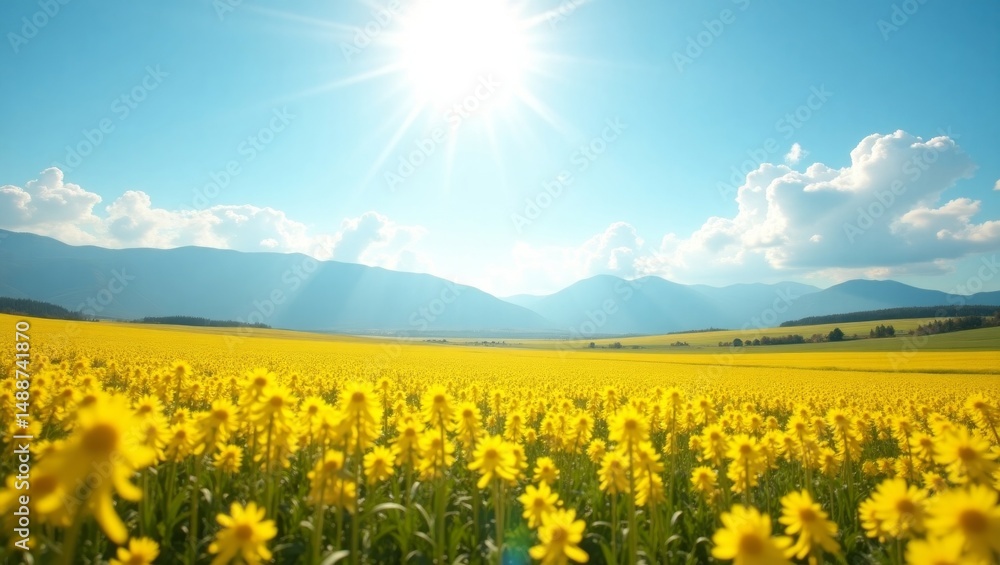 Obraz premium Vibrant Yellow Flower Field Under a Bright Blue Sky and Sunlit Mountains in the Background During a Sunny Day in Spring
