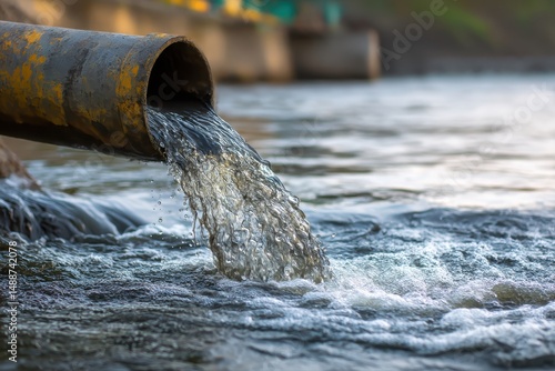 Industrial effluent, pipeline discharging liquid industrial waste into a river. Environmental pollution, Hazardous waste water from factory