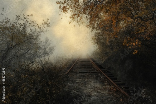 Misty railway tracks disappear into a fog-laden forest, creating a dreamy and mysterious landscape in muted autumnal tones.