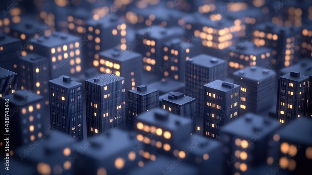 Obraz premium Nighttime cityscape model, digitally rendered, featuring illuminated buildings.