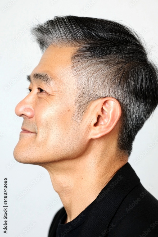 Obraz premium Chic men's pompadour haircut - midlife asian man with short hair. Pure white solid background. Creative of style for aging men. A sophisticated male posing with grace.