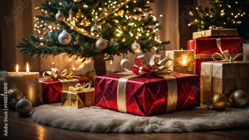 Colorful Gift Boxes Surrounding a Beautifully Decorated Christmas Tree With Twinkling Lights in a Cozy Living Room During the Holiday Season