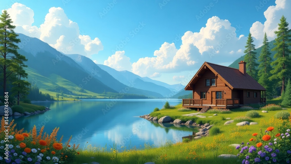 Obraz premium Log Cabin by Serene Lake Surrounded by Mountains and Colorful Flowers During Bright Sunny Day in a Lush Green Landscape With Clear Blue Sky and Fluffy Clouds