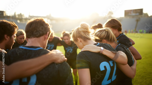 Soccer team unites infield before game at sunny stadium