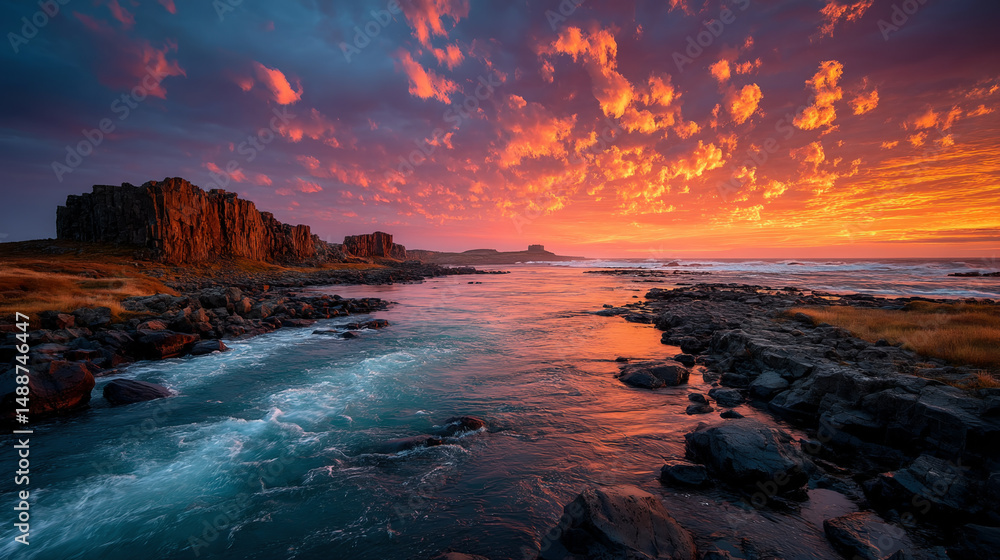 Fototapeta premium Beautiful rocky landscape with a water stream at sunset.