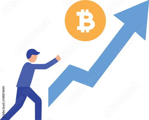Bitcoin cryptocurrency price increase illustration with person pushing upward arrow
