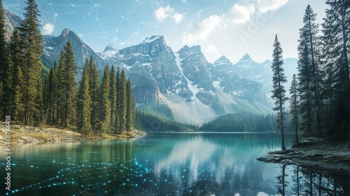 Fototapeta Naklejka Na Ścianę i Meble -  Serene mountain lake reflecting snow-capped peaks, surrounded by lush evergreens, with subtle digital network overlay.