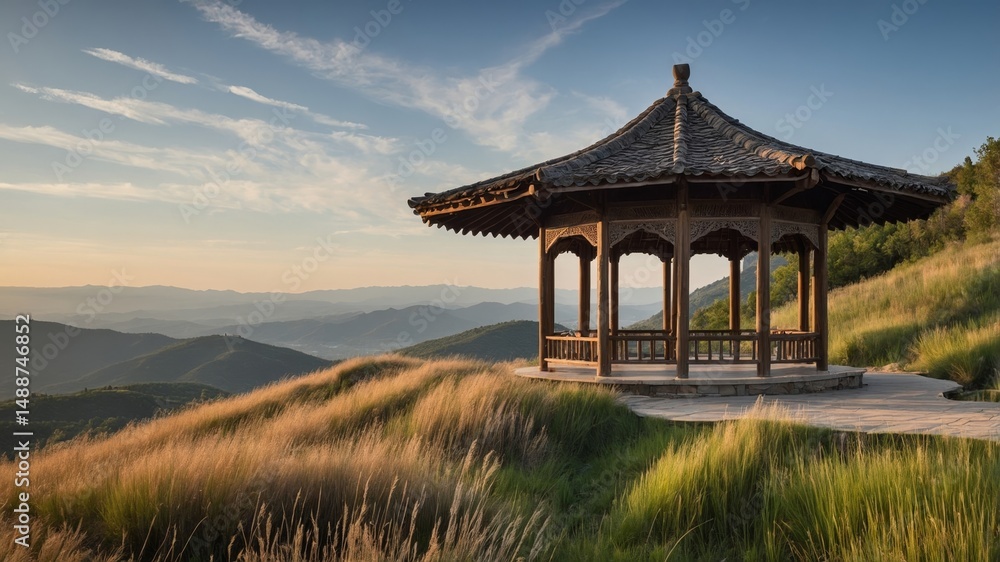 Obraz premium Pavilion Overlooking Rolling Hills at Sunset, With Vibrant Grass and Clear Sky in a Serene Landscape