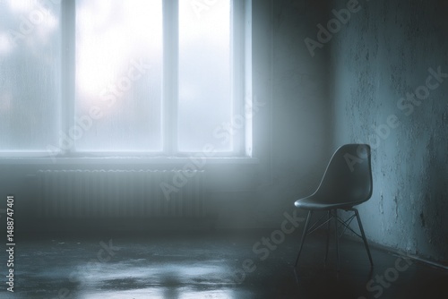 Empty room with single chair near foggy window.
