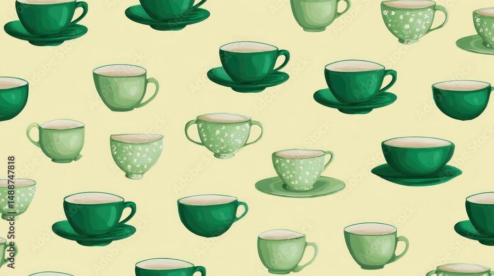 Green teacups and saucers in a repeating pattern Green teacups and saucers in a repeating pattern