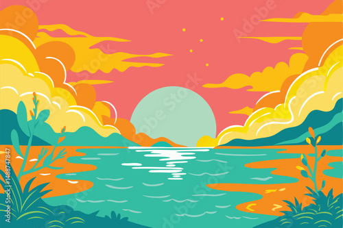 Colorful abstract sunset landscape illustration with clouds water and vegetation