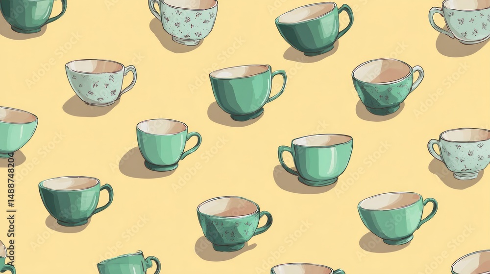 Pastel teacups on a yellow background Pastel teacups on a yellow background