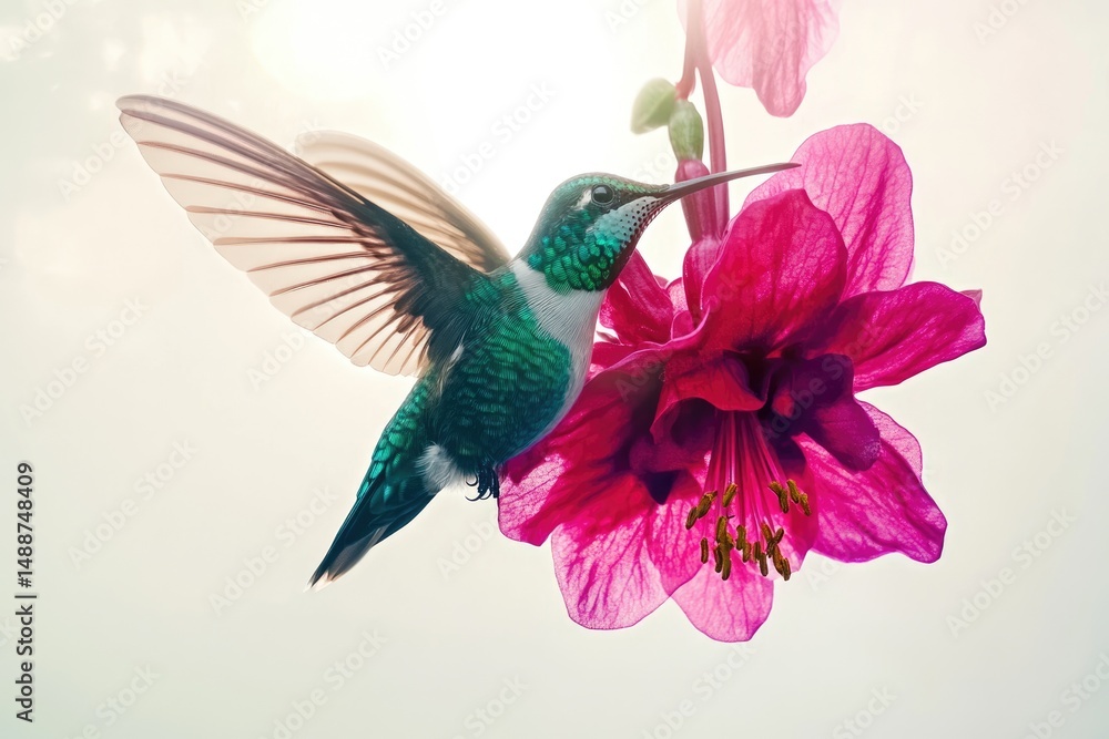 Obraz premium Emerald hummingbird with outstretched wings, elegantly perched on a bright pink flower against a softly lit background.