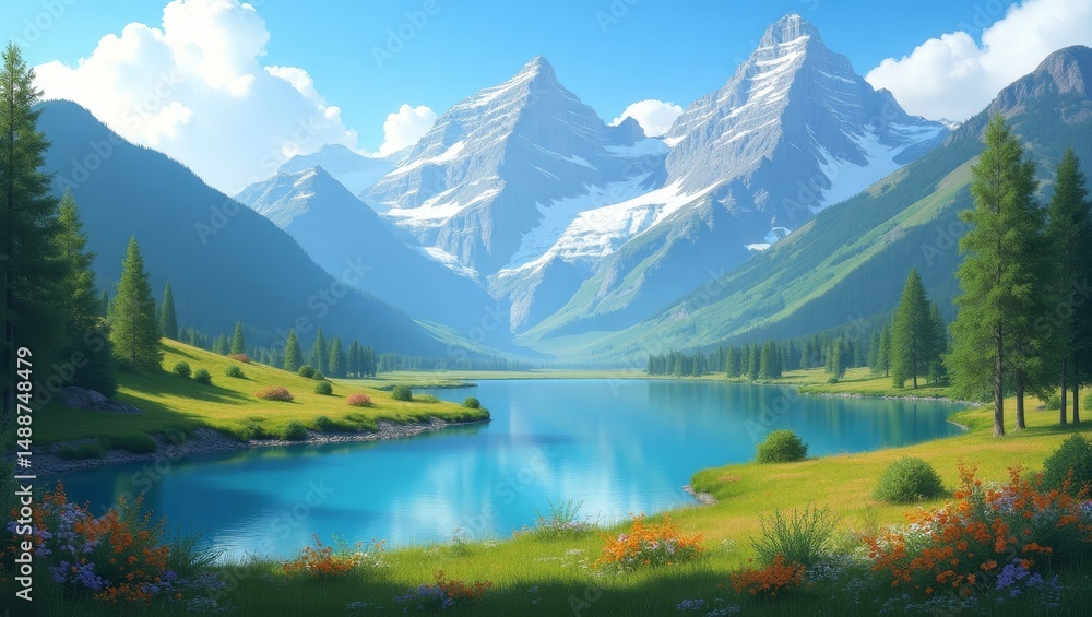 Fototapeta premium Majestic Mountain Landscape With Serene Lake and Vibrant Greenery During Bright Daytime