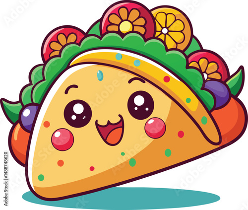 Cute kawaii taco illustration with cheerful face and colorful toppings
