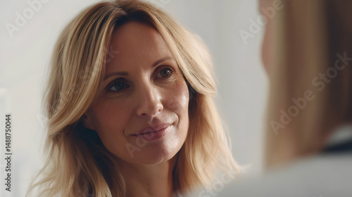 Blond woman listens intently during medical consultation indoors