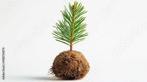 Young pine tree sapling in ball of soil against white