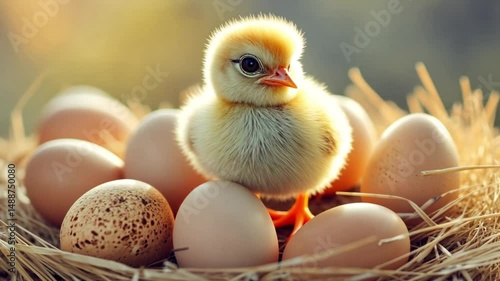 Adorable Newborn Chick Amidst a Nest of Eggs