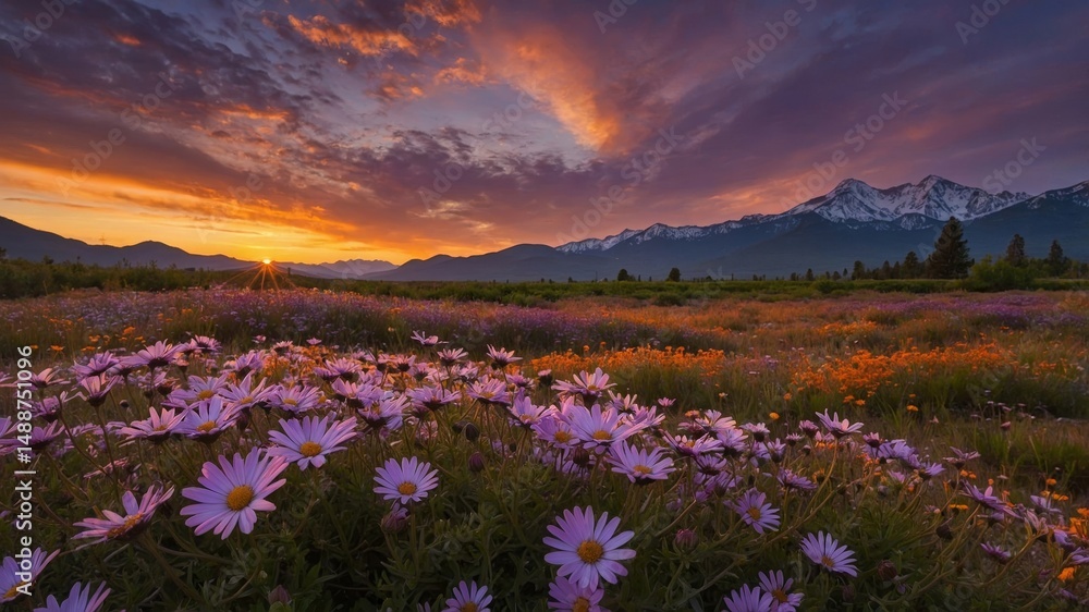 Fototapeta premium Colorful Wildflowers Bloom Under a Vibrant Sunset Sky in a Mountainous Region During Springtime
