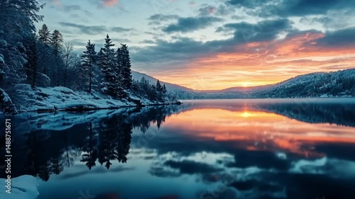 Winter Sunrise Over Serene Lake and Snowy Mountains