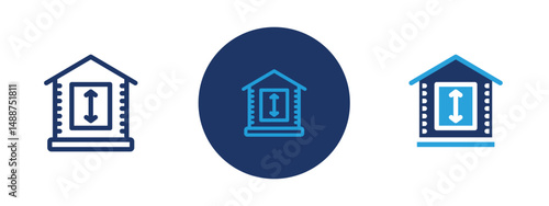 Set of 5 pixel perfect colored Minimum ceiling heights icon with 1 unexpanded, 1 silhouette,  Arrows and room showing minimum clearance or ceiling height.