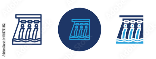 Set of 5 pixel perfect colored Hydroelectric dam icon with 1 unexpanded, 1 silhouette,  Dam with flowing water and turbine symbolizing hydro power.