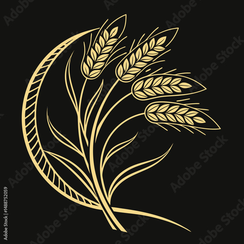 Elegant monoline wheat emblem in gold over black background