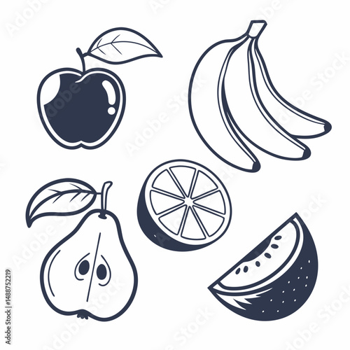 Minimalist fruit icon set: apple, banana, orange, lemon, pear, mango